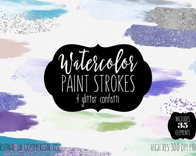 BLUE WATERCOLOR & CONFETTI Paint Brush Strokes Clipart Commercial Use Clip Art 35 Watercolor Headers Teal Textures Logo Design Clip Art