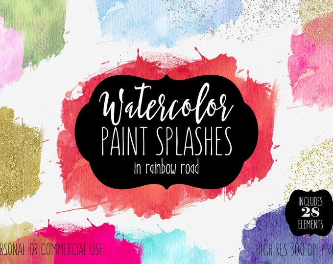 WATERCOLOR BRUSH STROKES Clipart Commercial Use Clip Art 28 Watercolor Paint Splashes Silver & Rose Gold Confetti Textures Logo Graphics