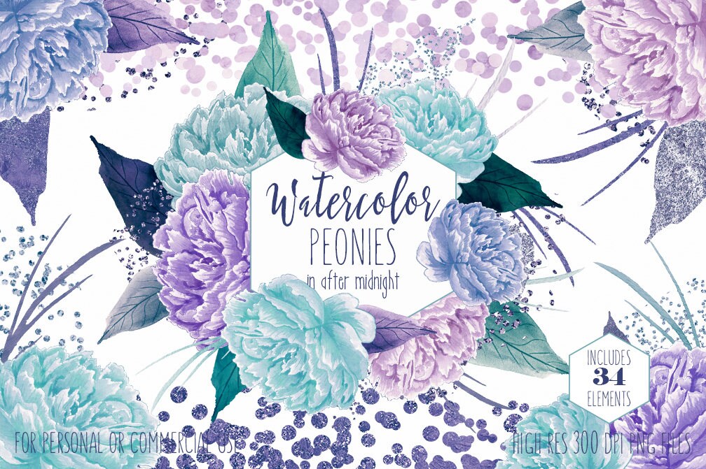 TEAL & PURPLE FLORAL Clipart Commercial Use Clip Art ...