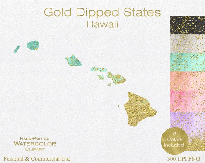WATERCOLOR & GOLD HAWAII Clipart Commercial Use Clipart United States Shape Wedding Clipart Gold Confetti Dust Hawaii State Clip Art