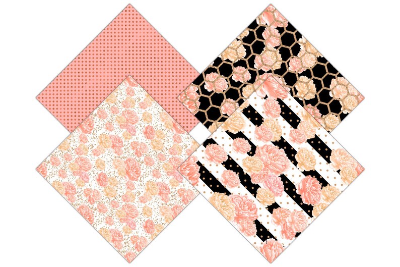 PEACH WATERCOLOR FLORAL Digital Paper Pack Commercial Use Peony Flower Backgrounds Metallic Gold Scrapbook Paper Black White Stripe Patterns