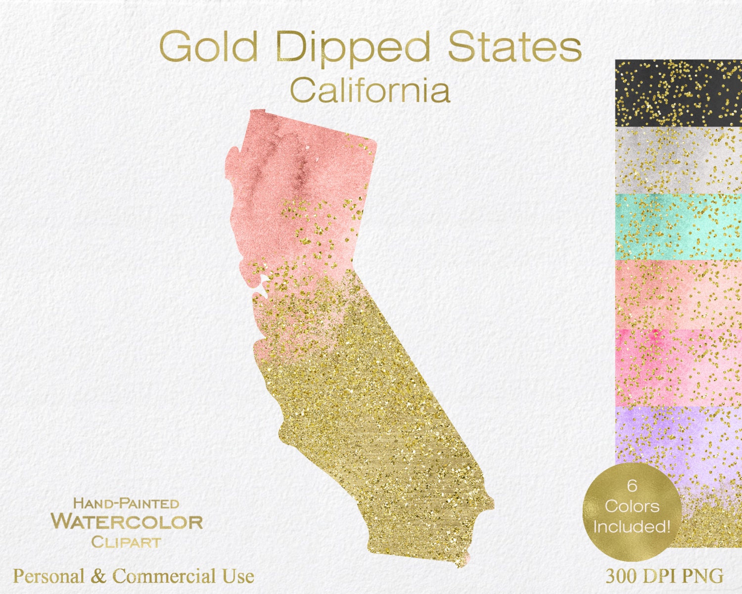 WATERCOLOR GOLD CALIFORNIA Clipart Commercial Use United States Shape Wedding Gold Confetti Dust California State Clip Art WATERCOLOR GOLD CALIFORNIA Clipart Commercial Use United States Shape Wedding Gold Confetti Dust California State Clip Art