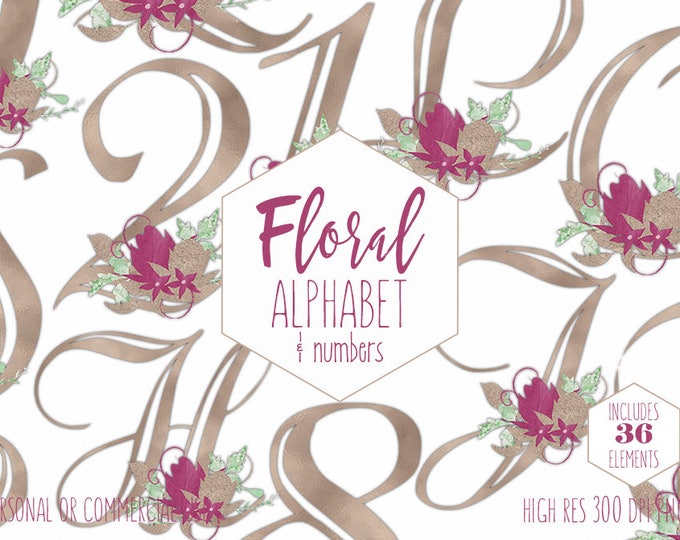 ROSE GOLD FLORAL Alphabet Clipart for Commercial Use Burgundy Wedding Monogram Clip Art Foil Letters & Numbers Flower Alpha Digital Graphics
