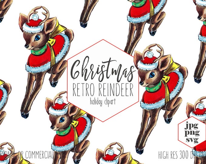RETRO REINDEER Clipart for Commercial Use Cute Christmas Clip Art Vintage Santa Reindeer with Hat Holiday Vector Digital Graphics for Kids