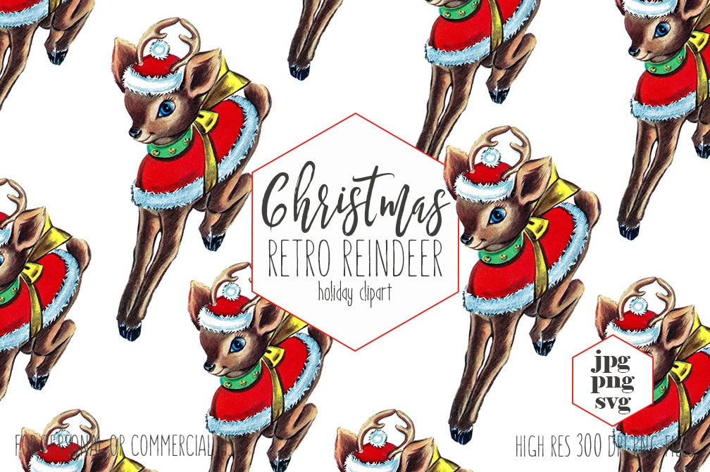 Download RETRO REINDEER Clipart for Commercial Use Cute Christmas Clip Art Vintage Santa Reindeer with ...