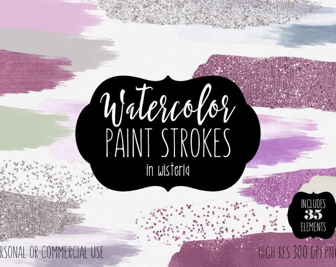 PURPLE WATERCOLOR & SILVER Confetti Brush Strokes Clipart Commercial Use Clip Art 35 Paint Strokes Mint Lavender Watercolor Logo Clip Art