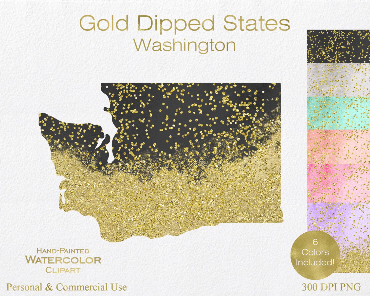 Watercolor & Gold Washington Clipart Commercial Use Clipart United States Shapes Wedding Clipart Gold Confetti Dust Washington Clip Art