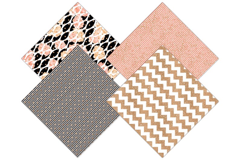 PEACH WATERCOLOR FLORAL Digital Paper Pack Commercial Use Peony Flower Backgrounds Metallic Gold Scrapbook Paper Black White Stripe Patterns