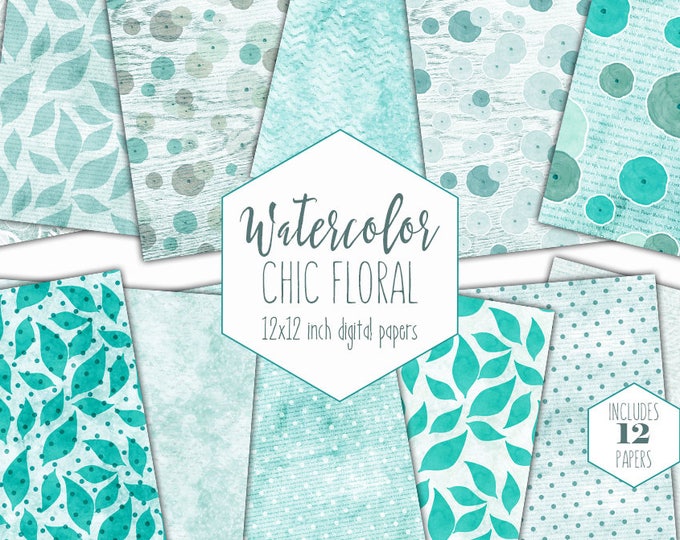 AQUA WATERCOLOR FLOWERS Digital Paper Pack Commercial Use Backgrounds Scrapbook Papers Modern Teal Floral Shabby Chic Wood Lace Dots Paper