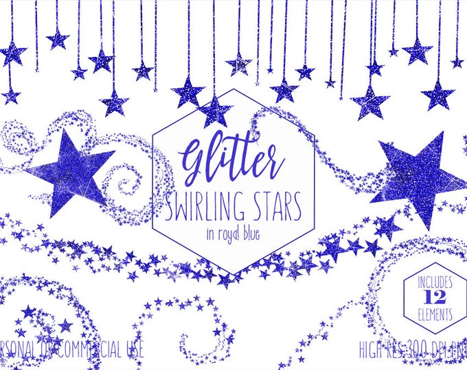 BLUE GLITTER STARS Clipart Commercial Use Clip Art Sparkling Royal Blue Metallic Stars Celestial Sky Images Kids Birthday Digital Graphics