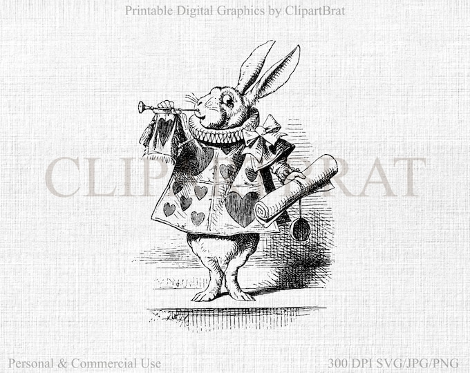 ALICE in WONDERLAND Clipart Commercial Use Clipart The White Rabbit Clipart Vintage Fabric Transfer Clipart Vector Graphic Jpg/Png/Svg