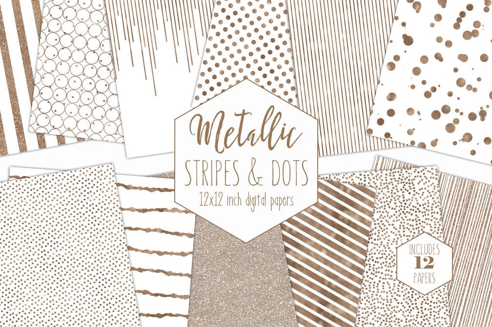 WHITE & ROSE GOLD Digital Paper Pack Stripe Backgrounds Metallic Foil  Confetti Wedding Scrapbook Papers Polka Dot Party Printable Clipart