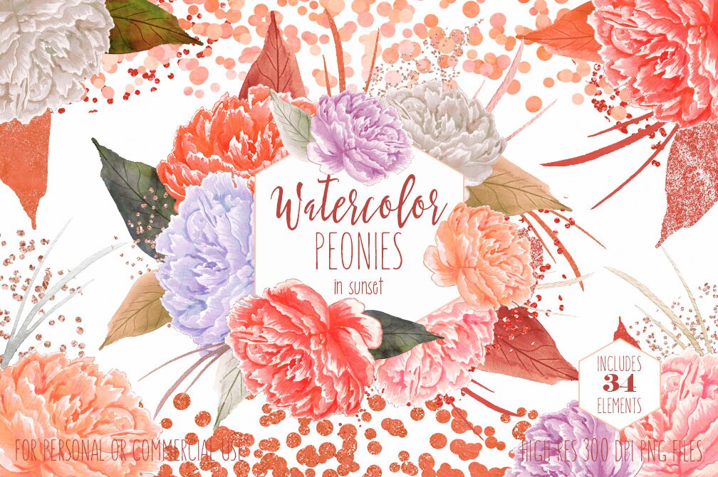 PEACH WATERCOLOR PEONY Clipart Commercial Use Clip Art Coral Peonies  Metallic Copper Confetti Watercolor Floral Wedding Invitation Graphics