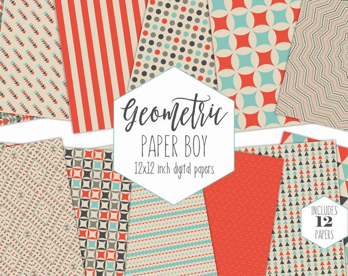 GEOMETRIC BOYS Digital Paper Pack Orange Blue & Gray Backgrounds Triangle Scrapbook Papers Arrow Patterns Birthday Party Printable Clipart