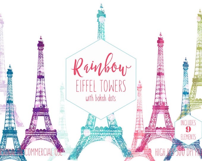 PARIS EIFFEL TOWER Clipart for Commercial Use Girls Clip Art for Kids Pastel Bokeh Dots Rainbow Bokeh Pastel Colors France Digital Graphics