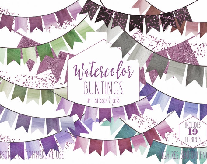 WATERCOLOR BUNTING BANNERS Clipart Commercial Use Clip Art Watercolour Flags Greenery & Rose Pink Confetti Wedding Party Invitation Graphics