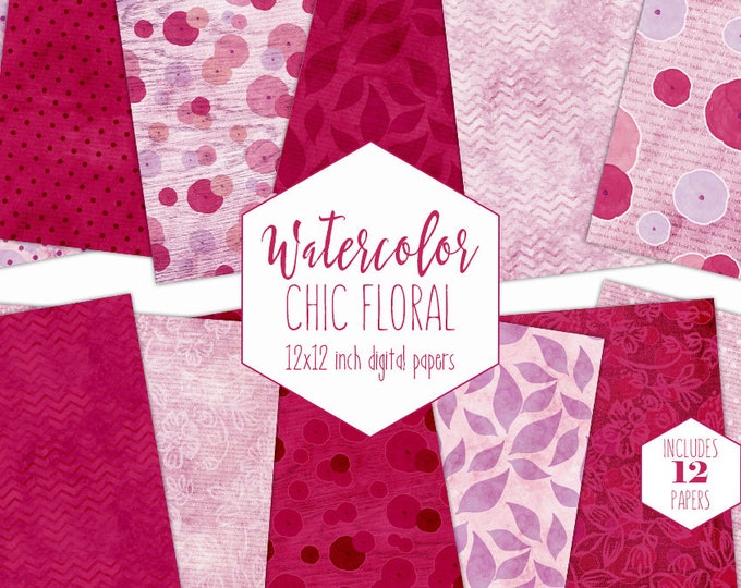 PINK WATERCOLOR FLORAL Digital Paper Pack Commercial Use Burgundy Backgrounds Blush Lace Scrapbook Papers Shabby Chic Chevron Wood Patterns