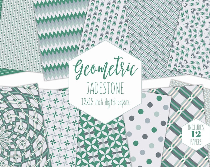 JADE GREEN Digital Paper Pack Mint Geometric Plaid Backgrounds Mandala Scrapbook Paper Arrow Patterns Party Printable Commercial Use Clipart