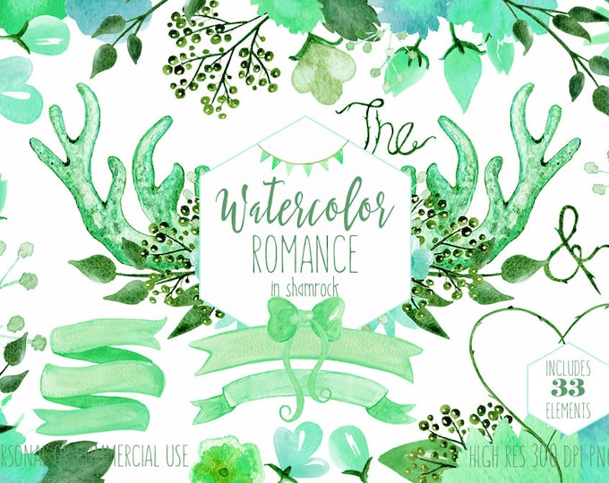 MINT FLORAL CLIPART Commercial Use Clip Art Watercolor Deer Antlers Spring Lime Green Flower Bouquets Banner Digital Papers Wedding Graphics
