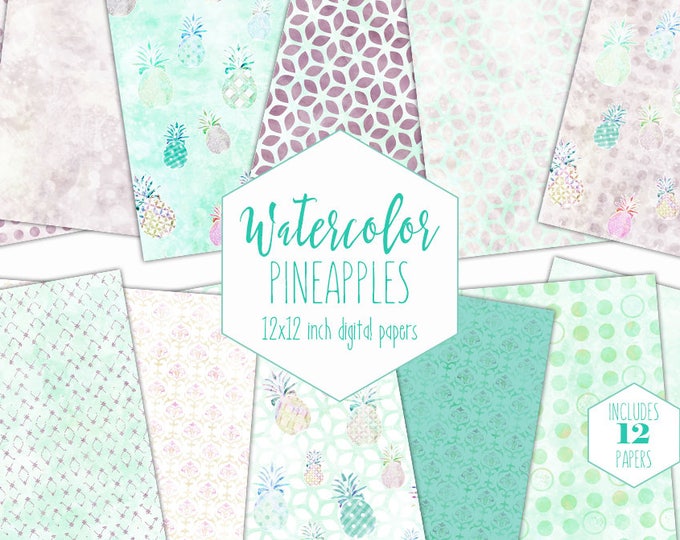 BLUSH & MINT PINEAPPLE Digital Paper Pack Commercial Use Backgrounds Tropical Scrapbook Papers Pastel Watercolor Pineapples Mint Textures