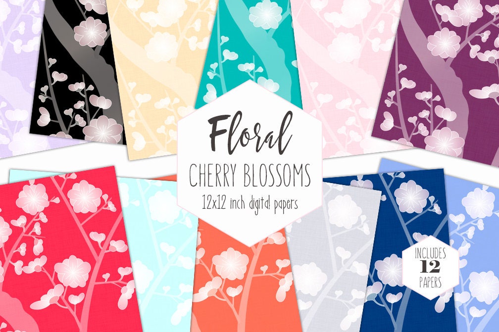 Download Cherry Blossom Wedding Digital Paper Pack Floral Backgrounds Rainbow Scrapbook Papers Asian Flower Patterns Party Printable Commercial Use