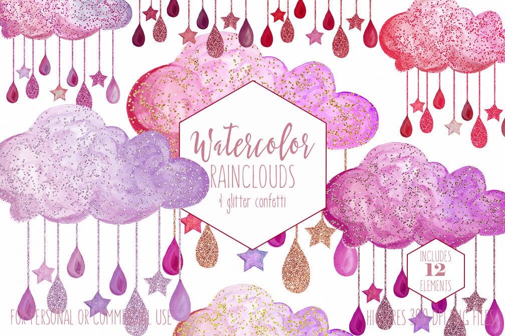 Cute Rain Clouds Clipart Commercial Use Clip Art Watercolor Clouds With Pink Purple Glitter Confetti Rain Drops Hanging Stars Baby Graphics
