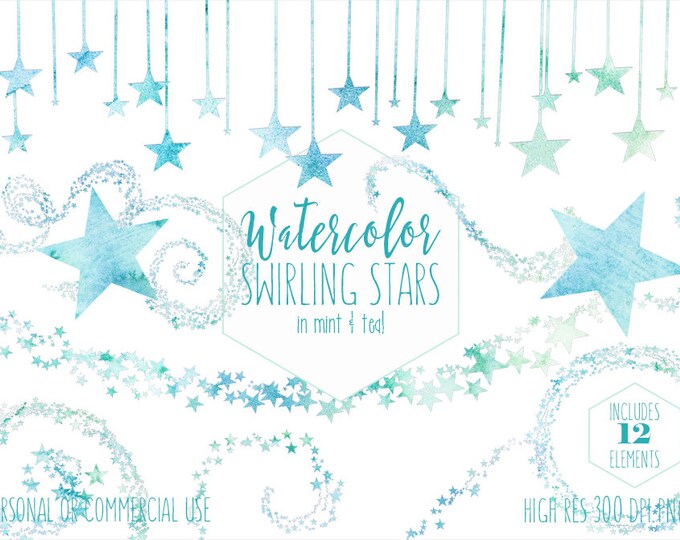 TEAL & MINT WATERCOLOR Star Clipart Commercial Use Clip Art Stars Graphics Twinkle Star Trail Confetti Celestial Night Sky Cute Baby Clipart