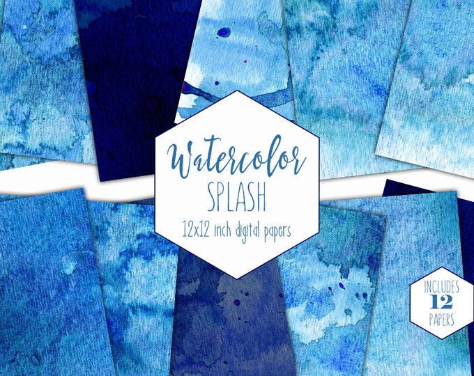 BLUE WATERCOLOR Digital Paper Pack Commercial Use Backgrounds Scrapbook Papers Sky Navy Blue Real Watercolour Splash Textures Hand Painted