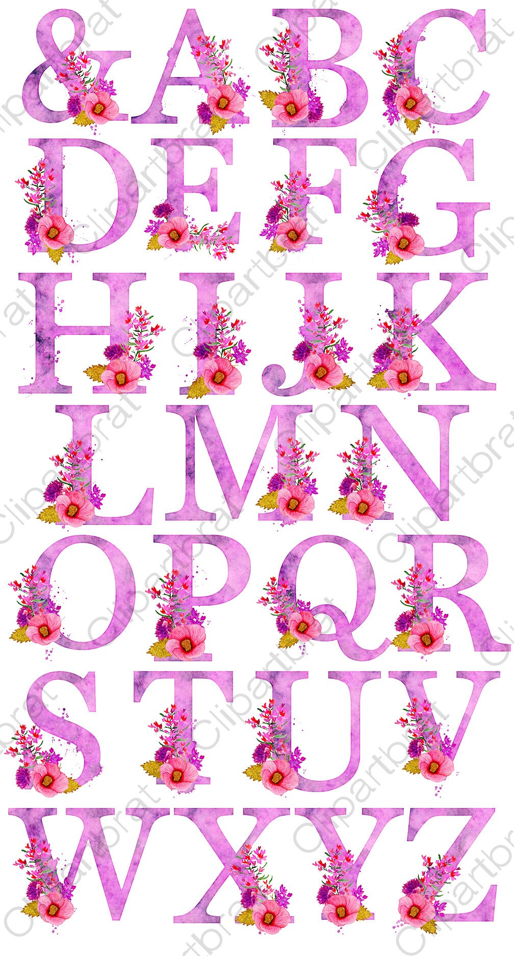 Download PINK WATERCOLOR FLORAL Alphabet Clipart Tropical Wedding ...
