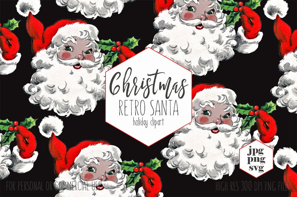Download RETRO SANTA CLAUS Clipart for Commercial Use Christmas Clip Art Vintage Santa Svg Hat & Holly ...