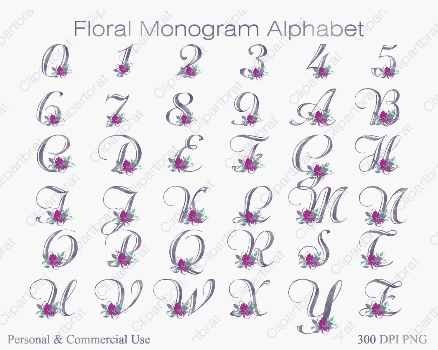 Download PURPLE FLORAL ALPHABET Clipart for Commercial Use Foil ...