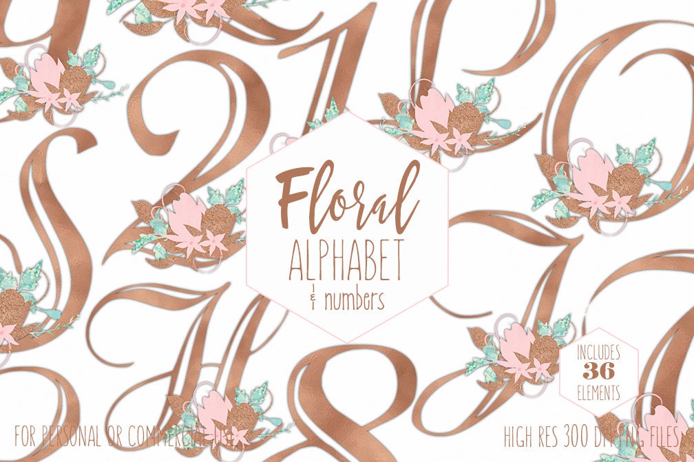 Download Rose Gold Alphabet Clipart For Commercial Use Wedding Monogram Clip Art Blush Pink Floral Letters Numbers Foil Flowers Digital Graphics