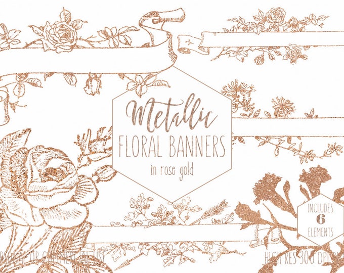 ROSE GOLD FLORAL Clipart for Commercial Use Banner Clip Art Ribbon Banners Frames Roses Elegant Wedding Flowers Invitation Digital Graphics