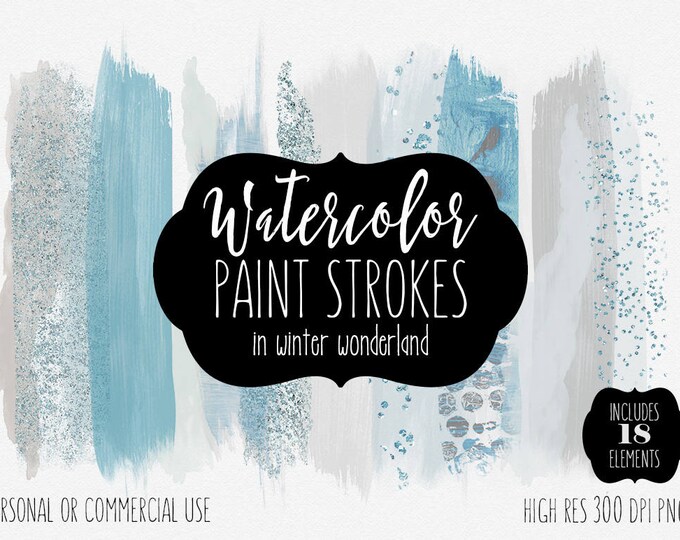 WINTER WATERCOLOR BRUSH Strokes Clipart Commercial Use Clip Art Watercolor Paint Strokes Silver & Baby Blue Confetti Textures Logo Graphics