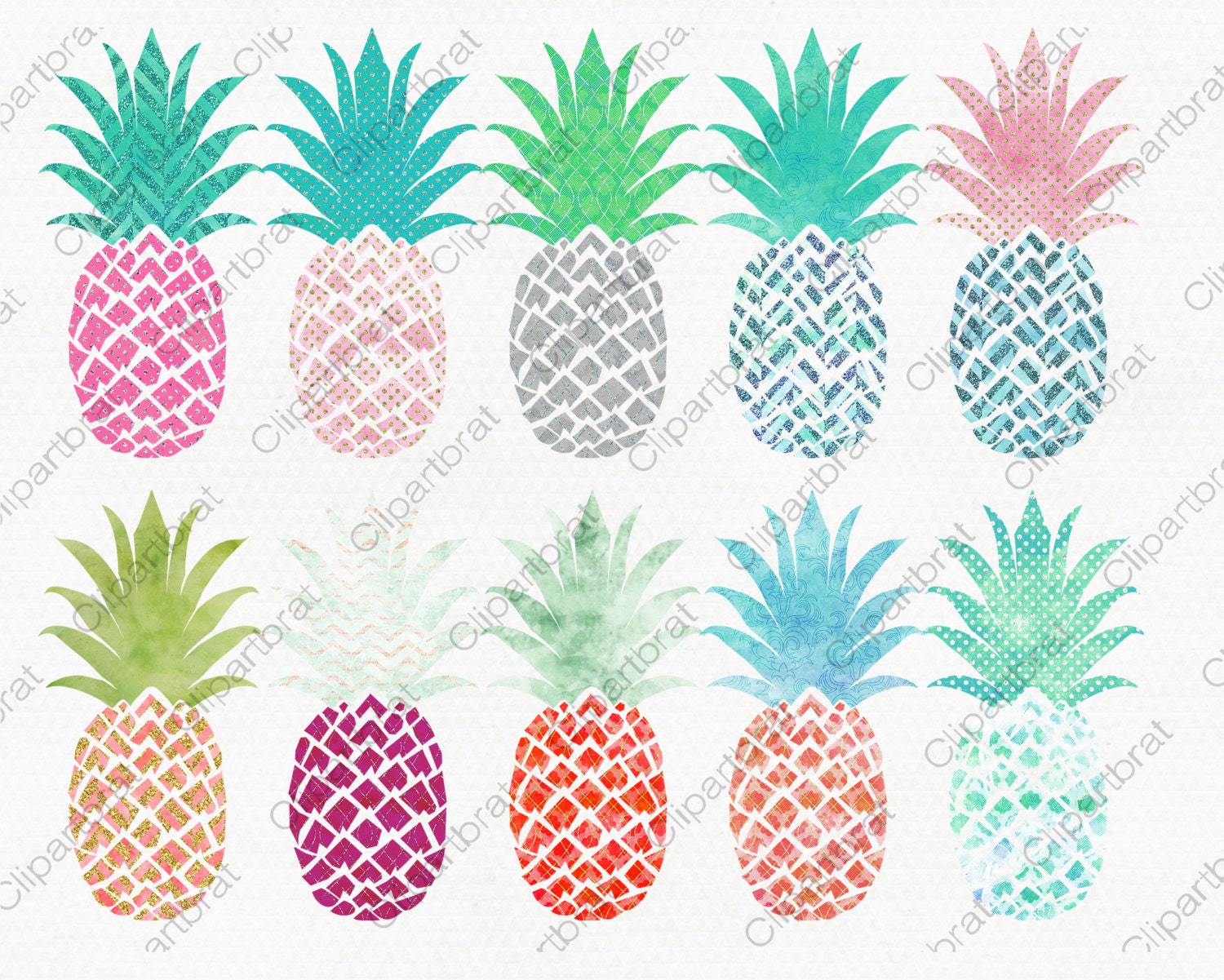 Download WATERCOLOR PINEAPPLE Clipart Commercial Use Clip art Fun Tropical Clipart with Gold Metallic ...