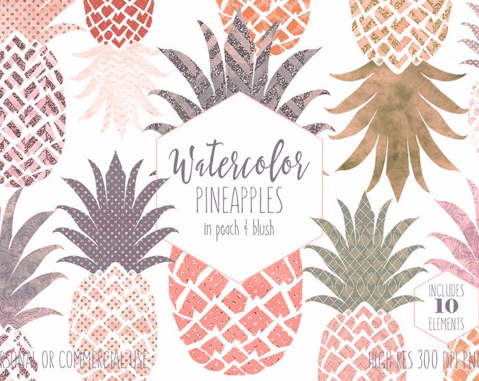 PINK & PEACH PINEAPPLE Clipart Commercial Use Clip Art Island Fruit Clipart with Gold Metallic Tropical Pineapples Planner Sticker Graphics