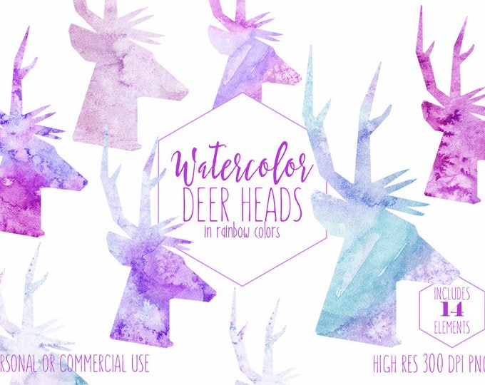 WATERCOLOR DEER HEAD Clipart Commercial Use Clip Art Fun Reindeer Antlers Rainbow Watercolour Deer Bright Watercolor Deer Head Silhouettes