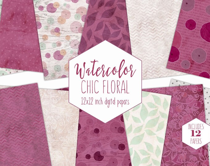 BURGUNDY MODERN FLORAL Digital Paper Pack Commercial Use Backgrounds Boho Watercolor Flowers Scrapbook Papers Chevron Wood Lace Patterns