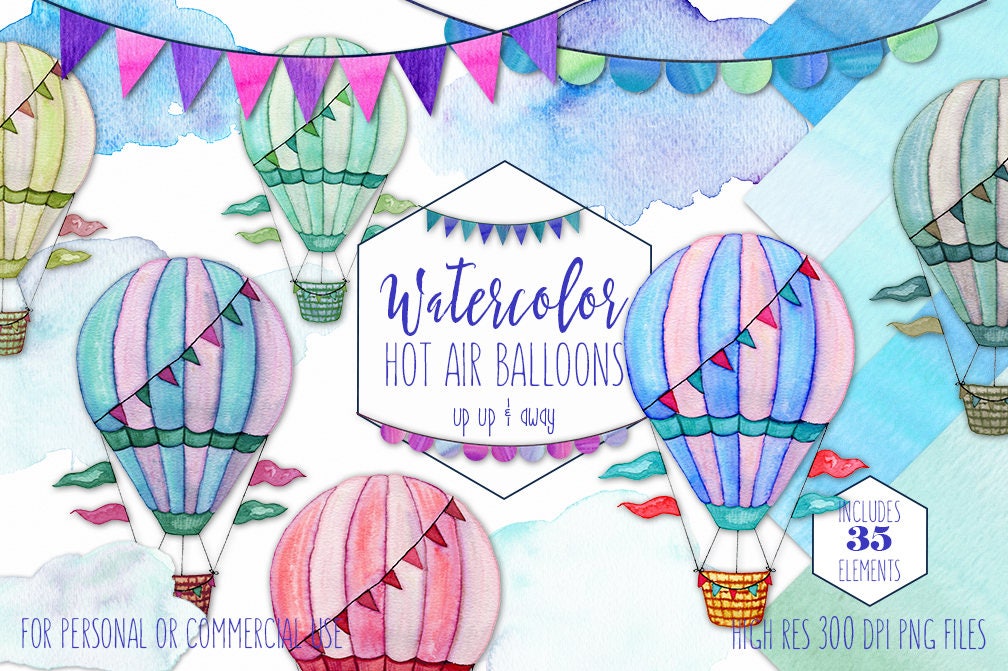 Download Hot Air Balloon Clipart Commercial Use Clip Art Watercolor Hot Air Balloons Hand Drawn Buntings Clouds Watercolour Sky Background Papers