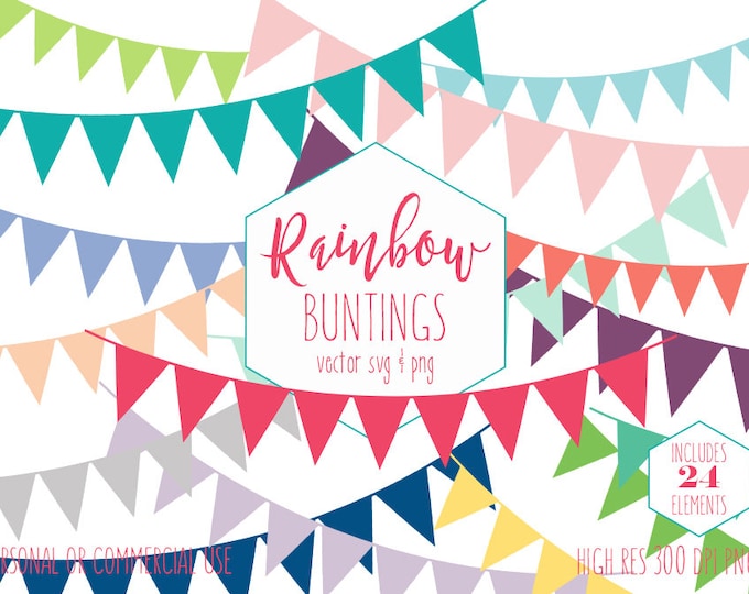 RAINBOW BUNTING BANNER Clipart for Commercial Use Planner Sticker Clip Art Pennant Birthday Party Flag Banners Digital Vector Graphics Svg