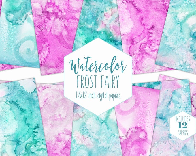 TEAL GREEN & PINK Watercolor Digital Paper Pack Commercial Use Backgrounds Aqua Scrapbook Paper Watercolour Textures Girls Birthday Clipart
