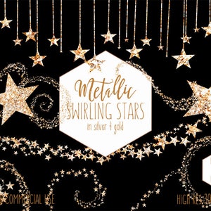 Glitter Star Clipart, Christmas Stars, Starry Sky, Gold and Silver