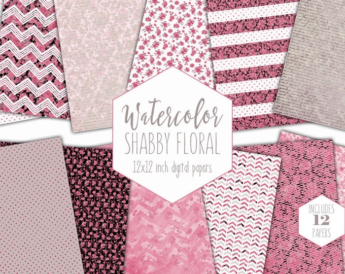 PINK WATERCOLOR FLORAL Digital Paper Pack Commercial Use Shabby Chic Small Flower Backgrounds Blush Gray Scrapbook Paper Dot Stripe Patterns