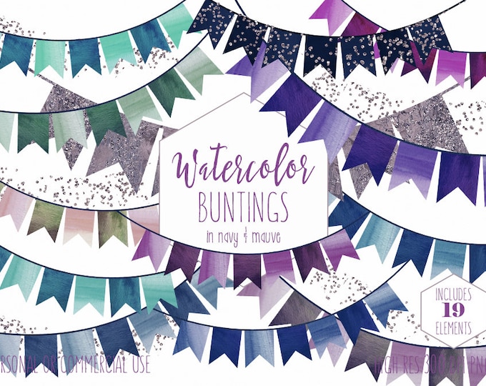 PARTY BUNTING BANNER Clipart Commercial Use Clip Art Watercolor Double Tail Buntings Navy Blue & Purple Glitter Confetti Birthday Graphics