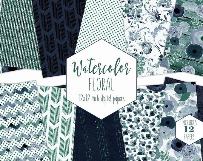 TEAL & NAVY WATERCOLOR Floral Digital Paper Pack Commercial Use Navy Blue Backgrounds Metallic Scrapbook Papers Wood Dots Wedding Patterns