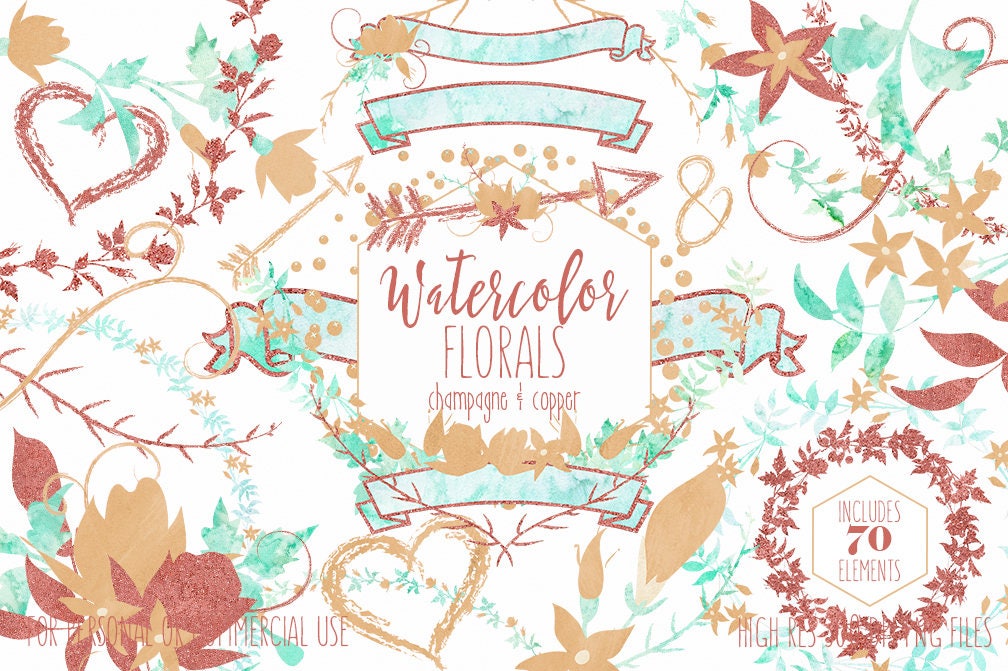 Download Watercolor Wedding Floral Clipart Commercial Use Clip Art Mint Copper Champagne Gold Flower Bouquets Floral Wreaths Banners Arrow Graphics
