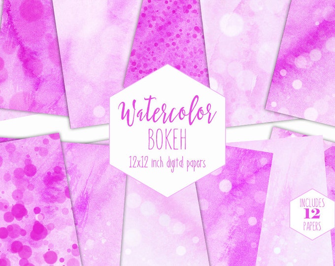 PINK WATERCOLOR BUBBLES Digital Paper Pack Commercial Use Backgrounds Bokeh Scrapbook Papers Hot Pink Dots Real Watercolour Wash Textures
