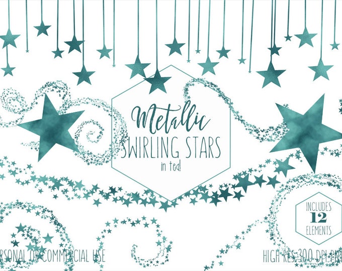 TEAL STAR CLIPART Commercial Use Birthday Clip Art Teal Green Swirling Stars Border Banner Celestial Sky Christmas Holiday Digital Graphics