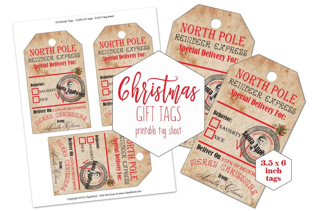 Christmas Gift Tags with Santa and Rudolph Printable Editable