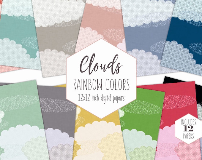 CUTE CLOUDS Digital Paper Pack Sky Backgrounds Rainbow Cloud Scrapbook Papers Cloud Patterns Kids Party Printable Commercial Use Clipart
